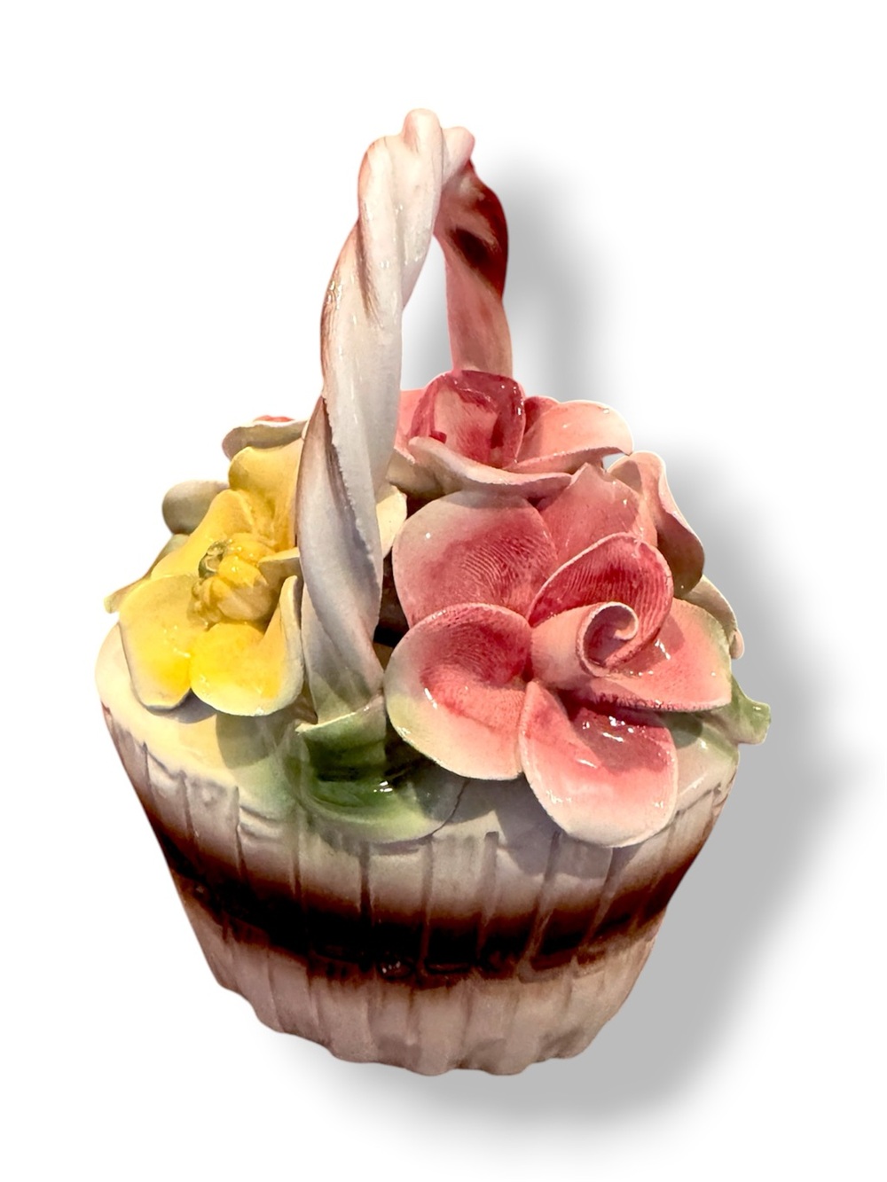 Vintage Capodimonte Porcelain Flowers In Round Basket, Made In Italy